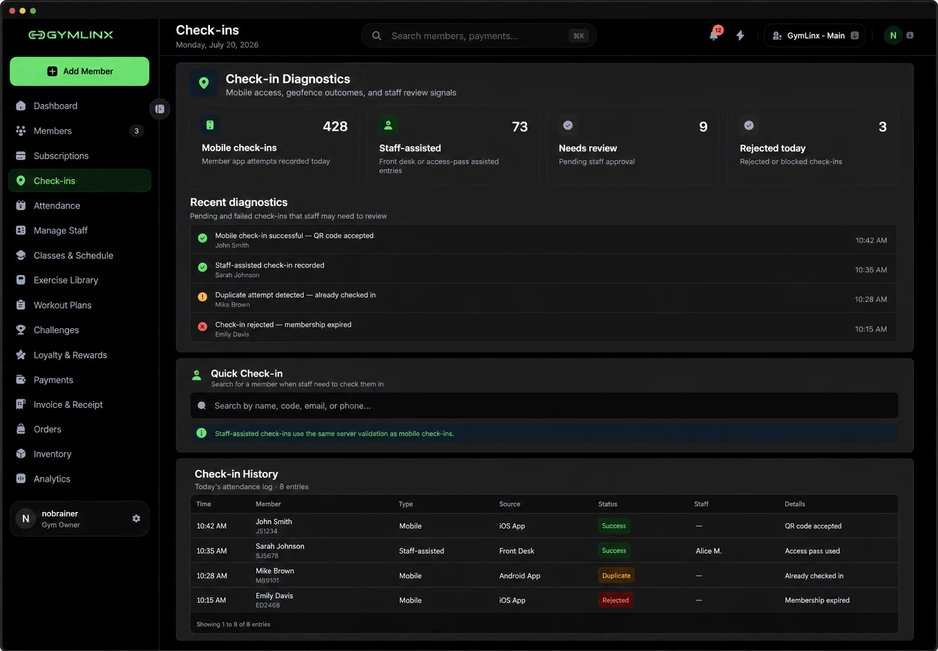 GymLinx check-in view showing member and staff-assisted activity