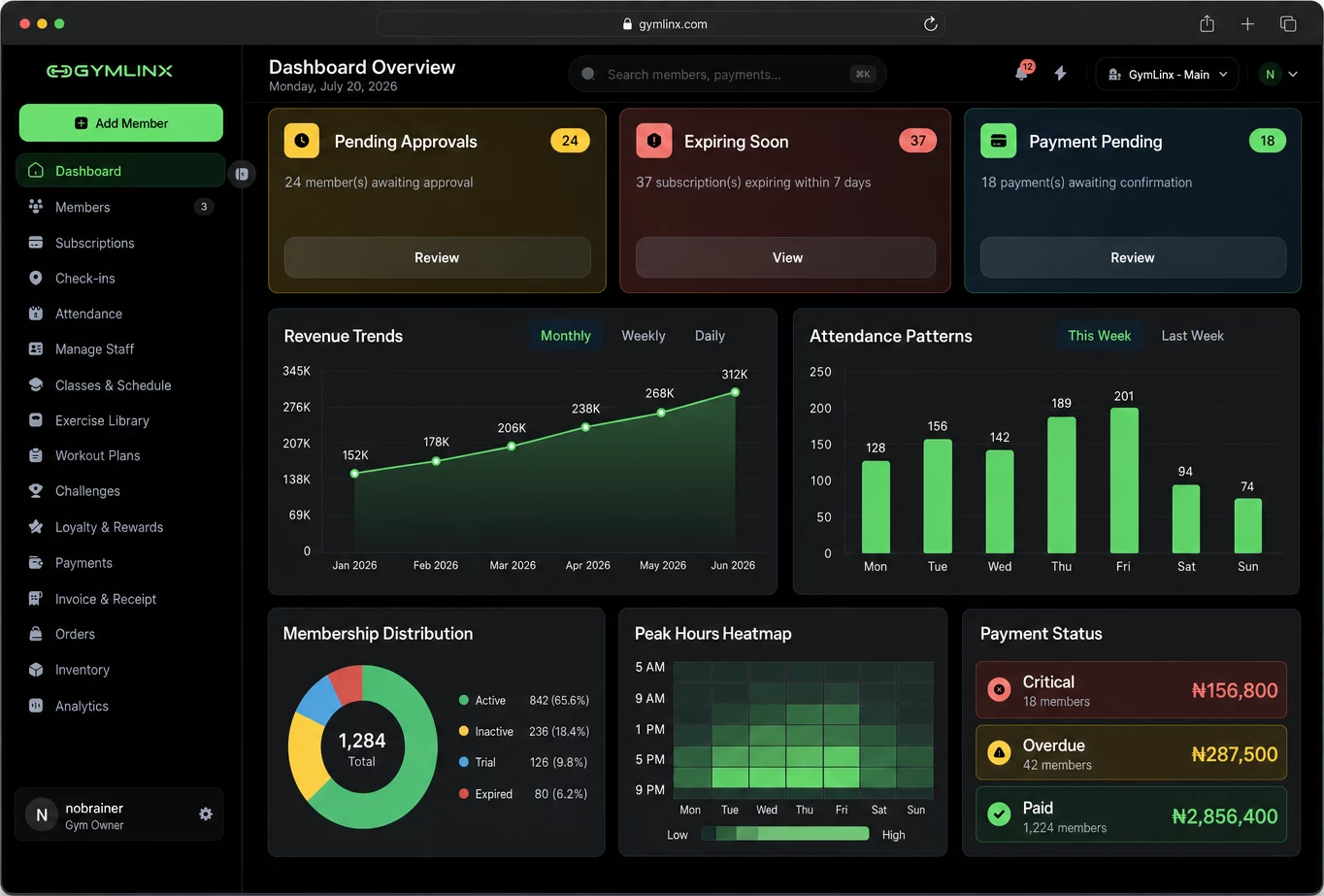 GymLinx owner dashboard showing memberships, attendance, payments, and recent activity